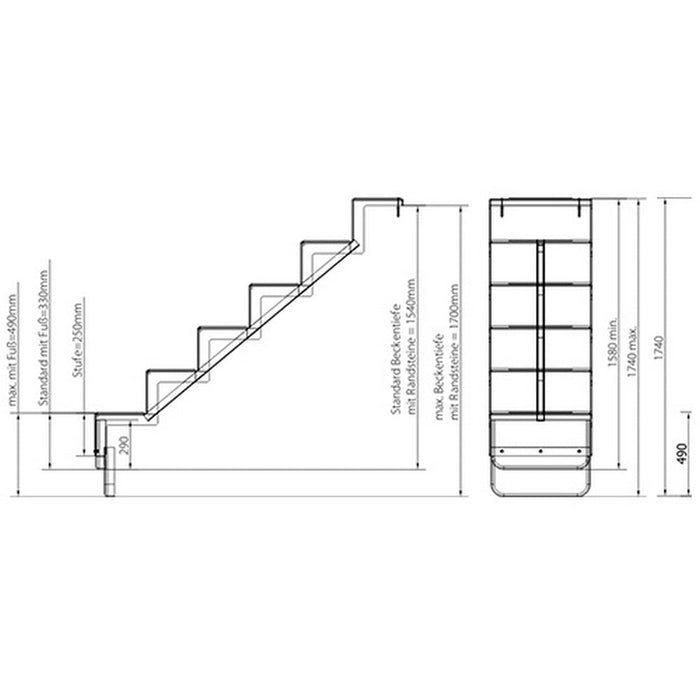 Pooltreppe Eleganz 60 I 5-stufig I Randbefestigung - lang I silbergrau