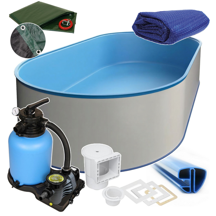 Oval Pool 800 x 400 x 120 cm I ALL IN ONE SET I Poolfolie blau 0,8 mm I Zubehör I SPEZIAL Handlauf