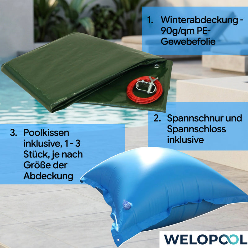 Welo Überwinterungs-Set Rundpool Ø 300-320 cm Poolabdeckung mit Poolkissen I 180 g
